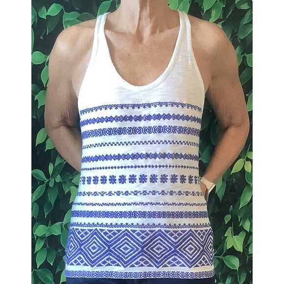 🌊 Sam Edelman White & Blue Sleeveless Top – Tulum Embroidered, Size Small - Picture 5 of 8
